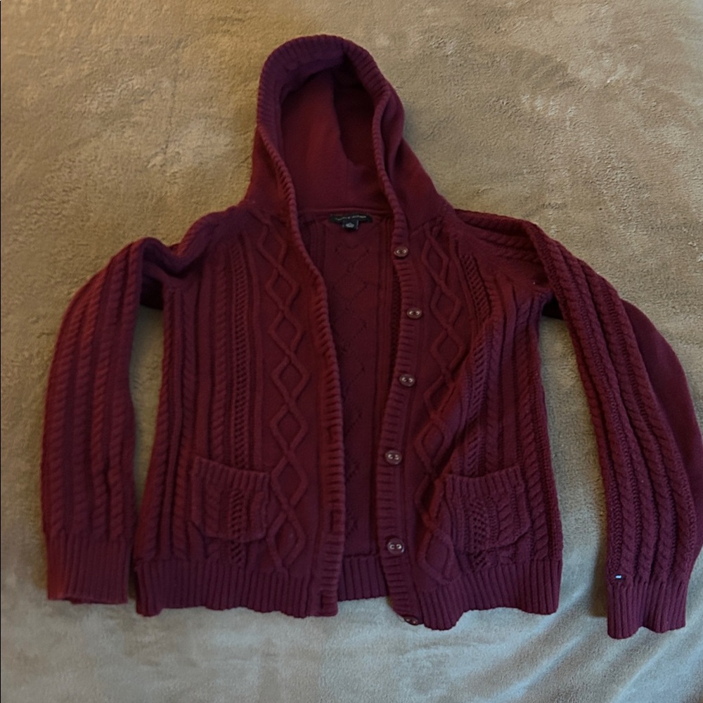 Tommy Hilfiger Maroon Knit Hooded Cardigan